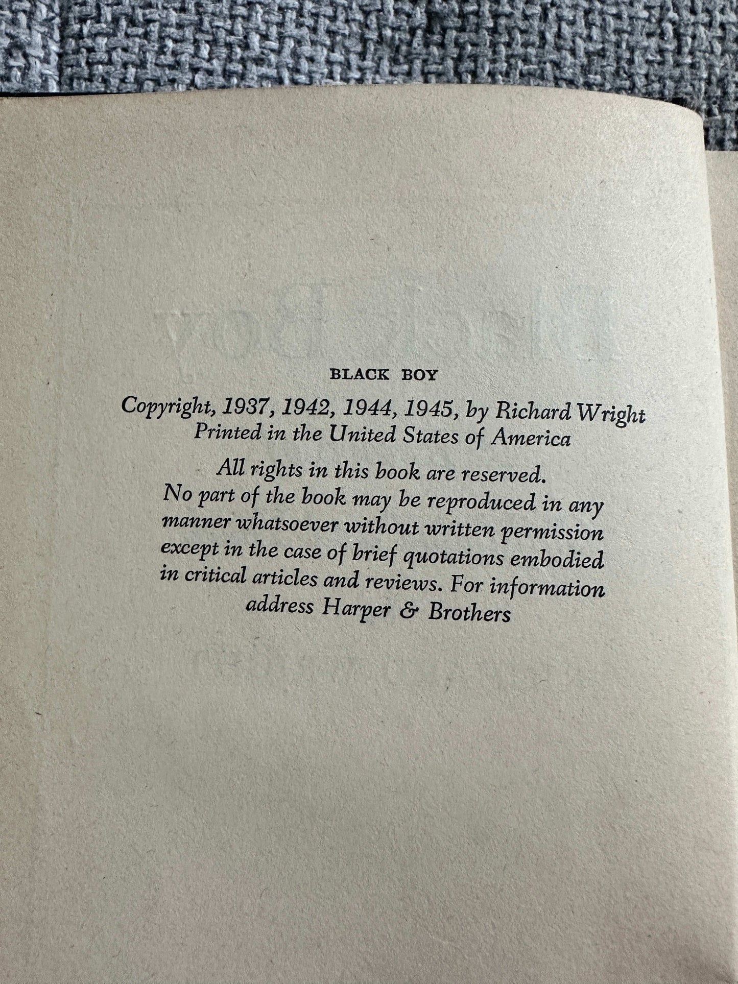 Page from the first edition of 1945 Black Boy by Richard Wright, featuring copyright information