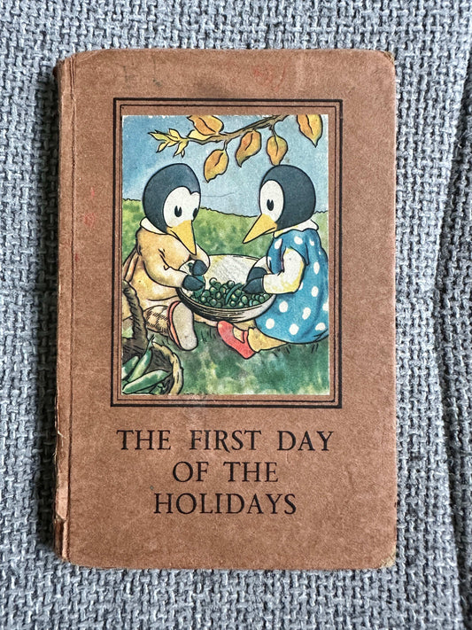 1947 Ladybird book The First Day Of The Holidays featuring colorful illustrations of two birds collecting greens