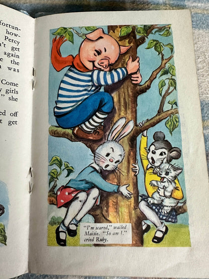 Illustration from 1959 Bobby Bear The Fireman book showing animals in a tree with vibrant colors
