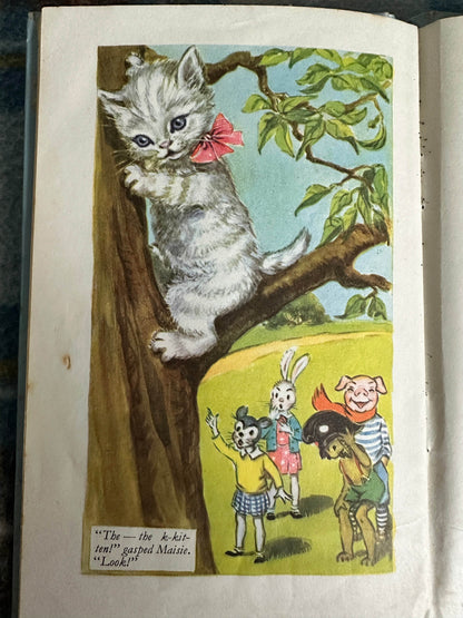 Illustration from 1959 Bobby Bear The Fireman book featuring a kitten in a tree with animal friends