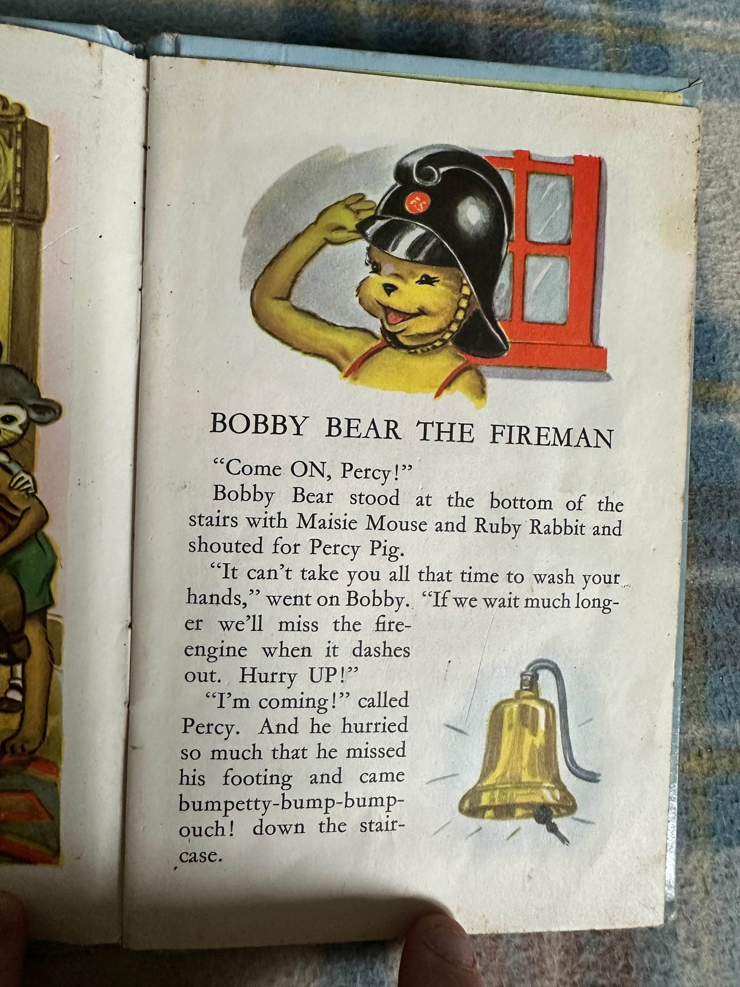 Pages from 1959 Bobby Bear The Fireman book featuring Bobby Bear in a fireman's hat