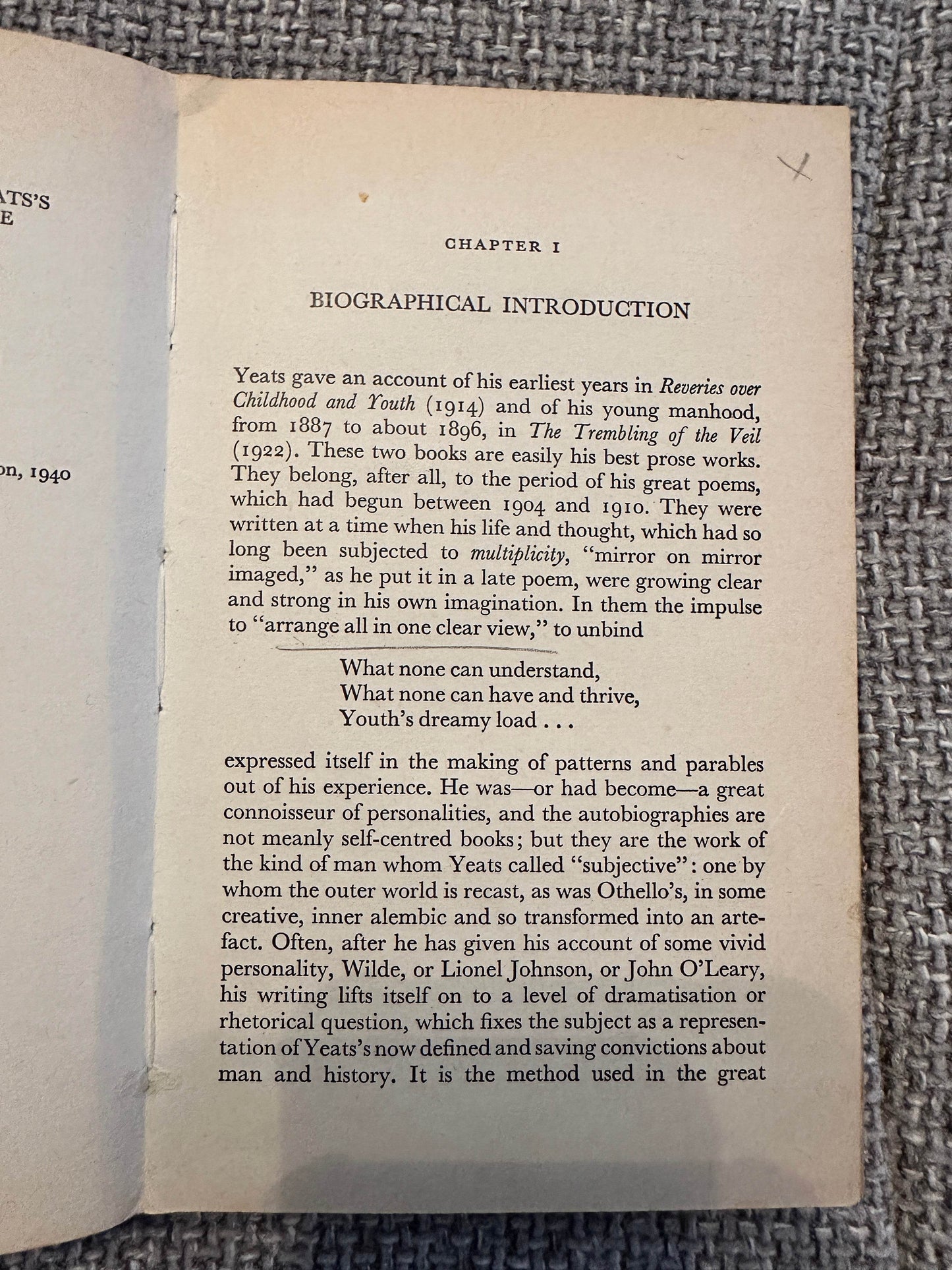 Page from the 1963 Yeats biography book detailing early life and literary influences