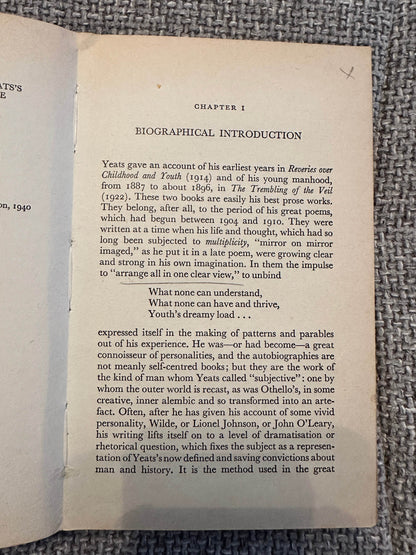 Page from the 1963 Yeats biography book detailing early life and literary influences
