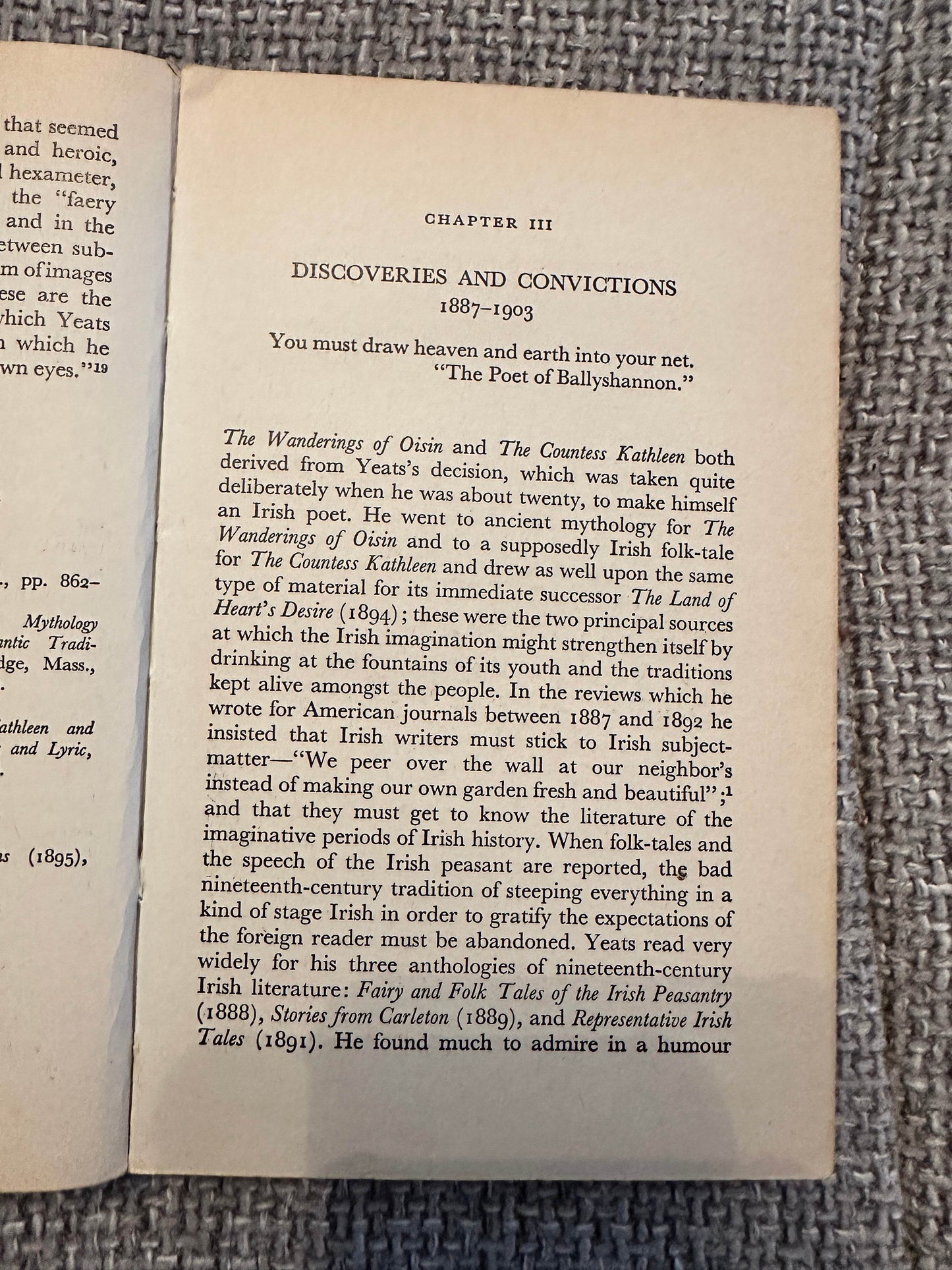Open page of 1963 Yeats biography book showing a chapter on Discoveries and Convictions