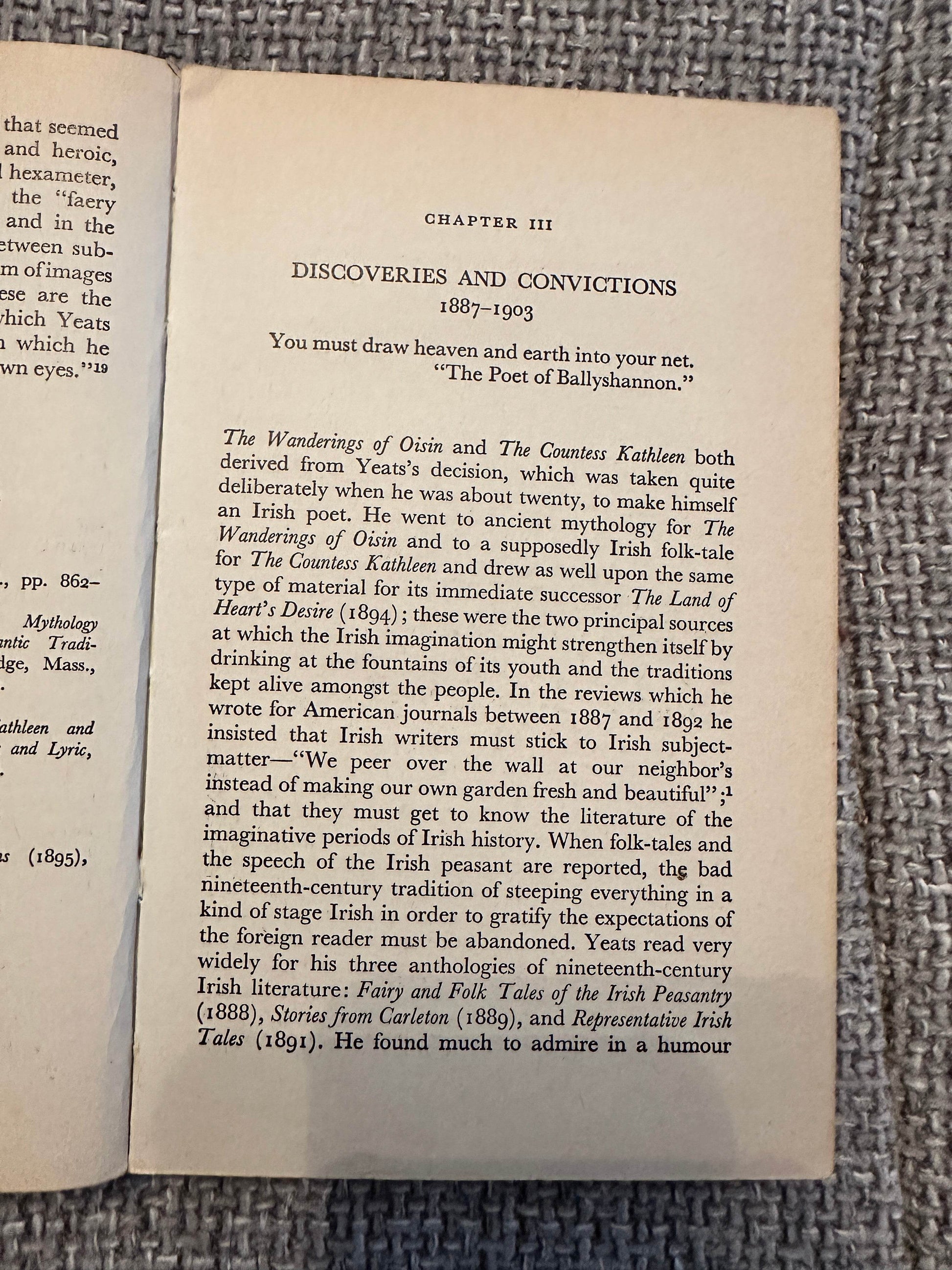 Open page of 1963 Yeats biography book showing a chapter on Discoveries and Convictions