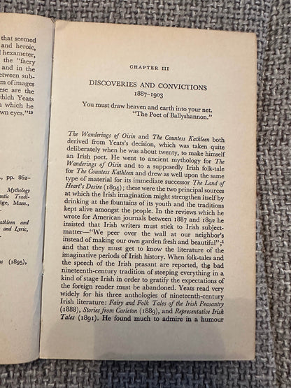 Open page of 1963 Yeats biography book showing a chapter on Discoveries and Convictions