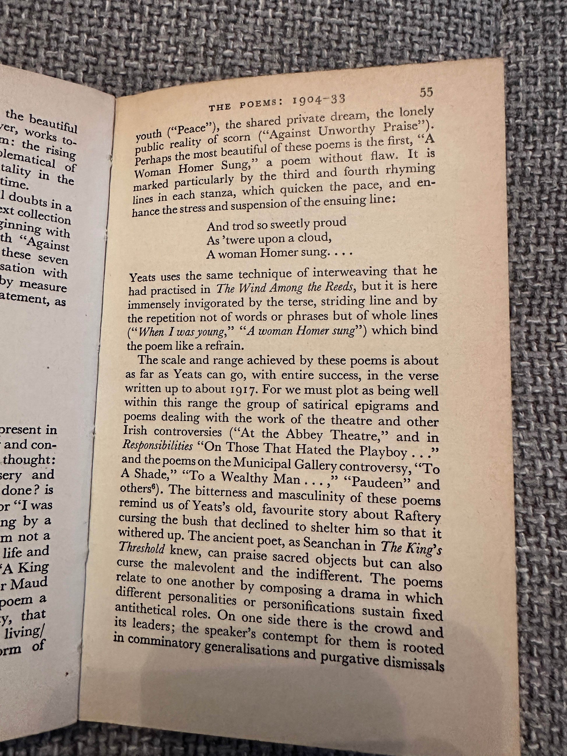Open page from the 1963 Yeats biography book featuring analysis and commentary on the poet's works