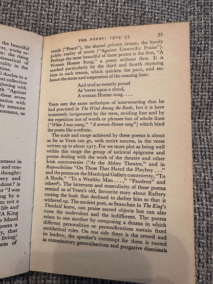 Open page from the 1963 Yeats biography book featuring analysis and commentary on the poet's works