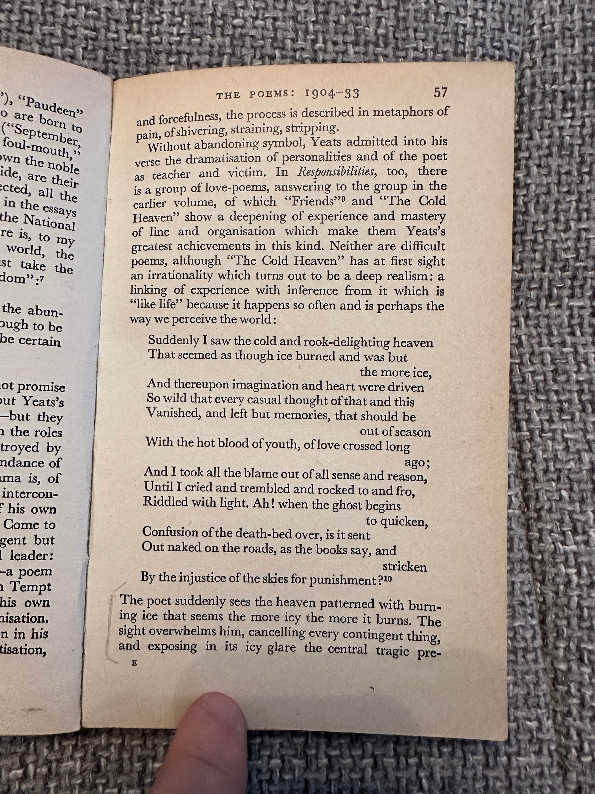 Page from a 1963 Yeats biography book with analysis of his poetry and literary themes