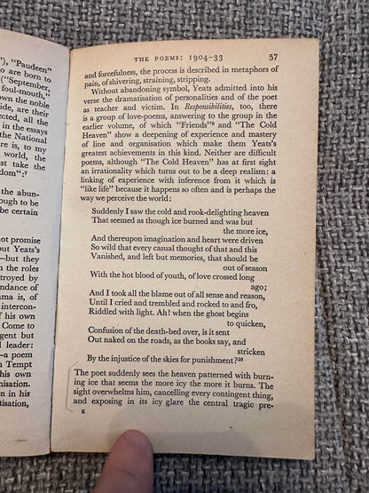 Page from a 1963 Yeats biography book with analysis of his poetry and literary themes