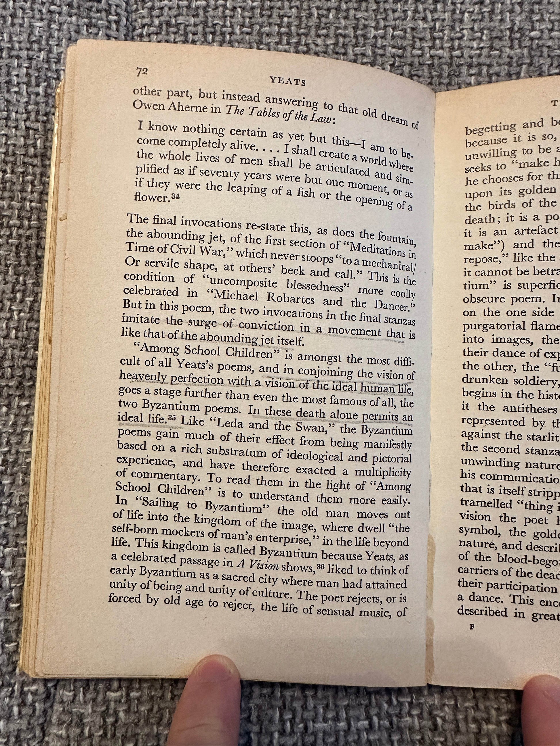 Open pages of the 1963 Yeats biography book detailing historical context and themes