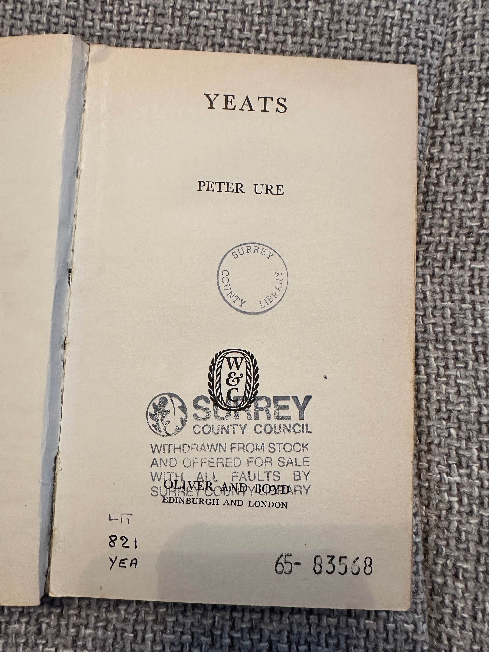 Interior page of the 1963 Yeats biography book by Peter Ure showcasing library markings