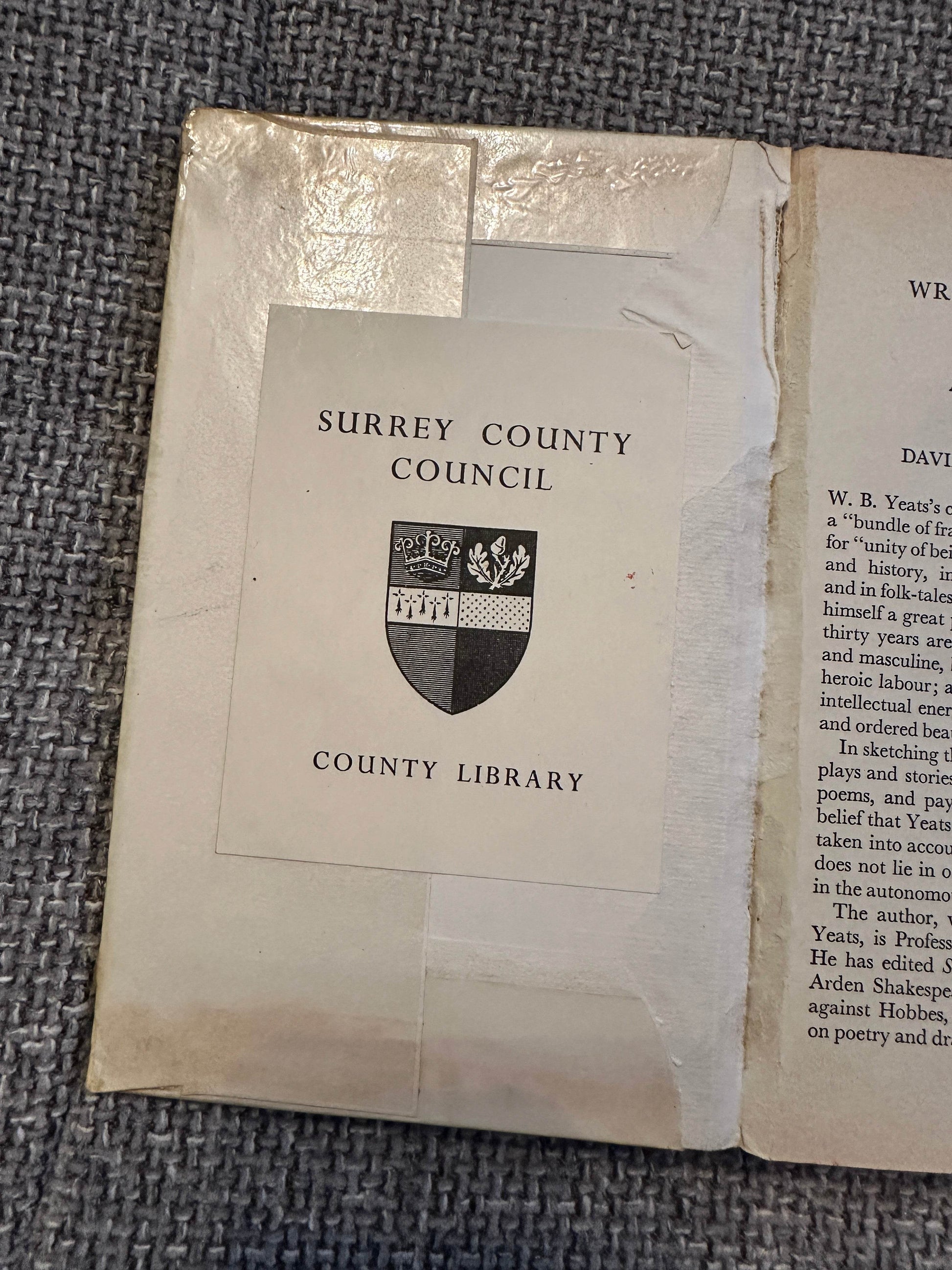 Inside cover of 1963 Yeats biography book showing Surrey County Council library stamp