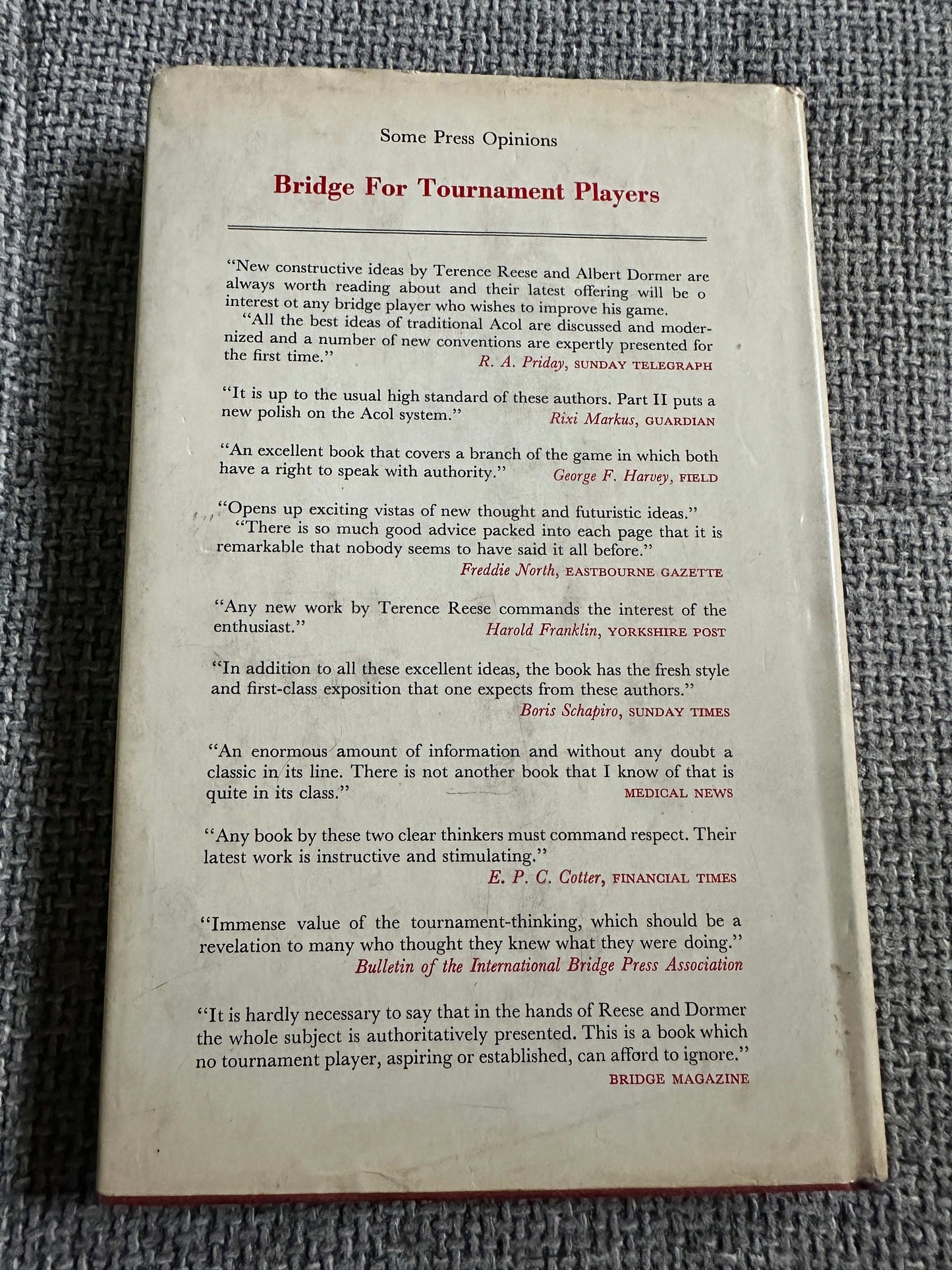 Back cover of the 1969 Bridge For Tournament Players book with reviews and accolades