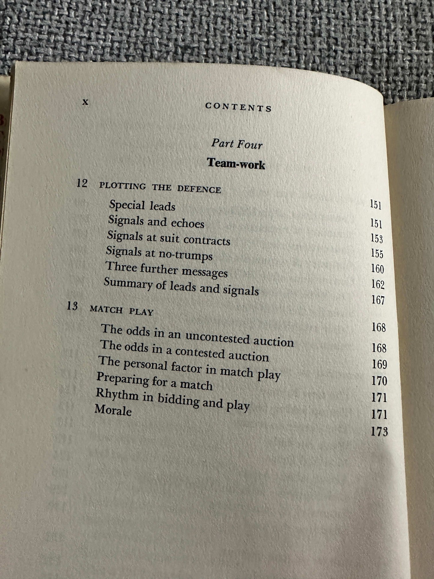 Table of Contents from 1969 Bridge For Tournament Players book showing sections on teamwork and match play
