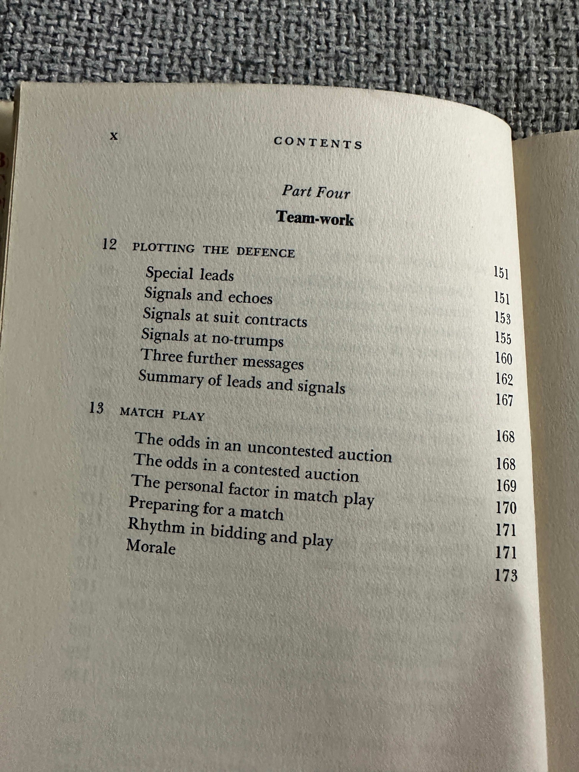 Table of Contents from 1969 Bridge For Tournament Players book showing sections on teamwork and match play