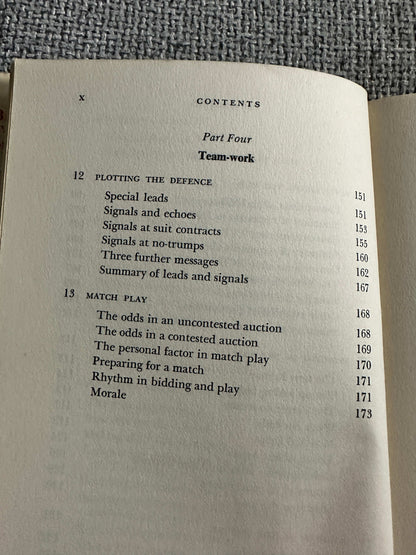Table of Contents from 1969 Bridge For Tournament Players book showing sections on teamwork and match play