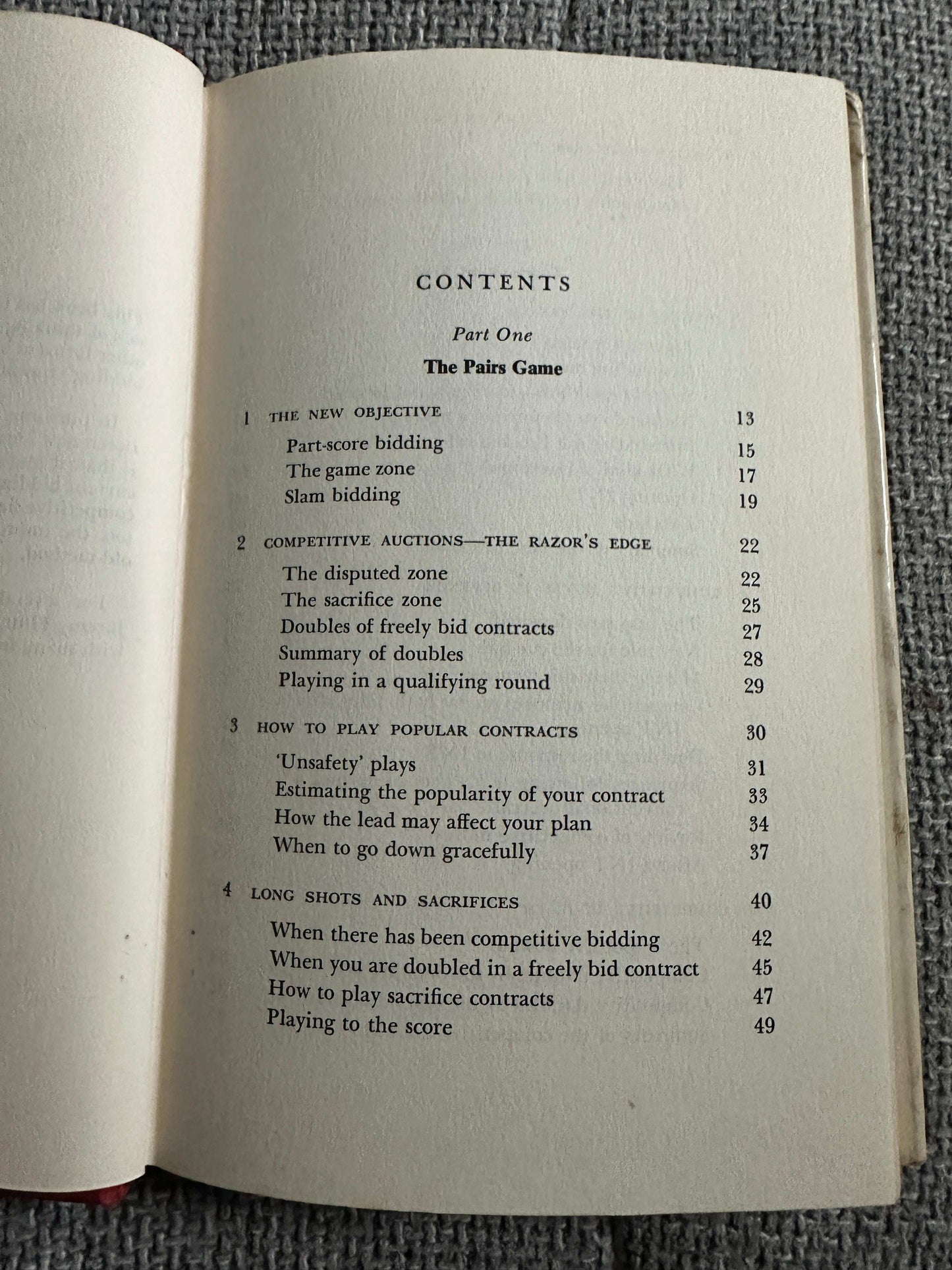 Contents page of the 1969 Bridge For Tournament Players book outlining key topics and strategies
