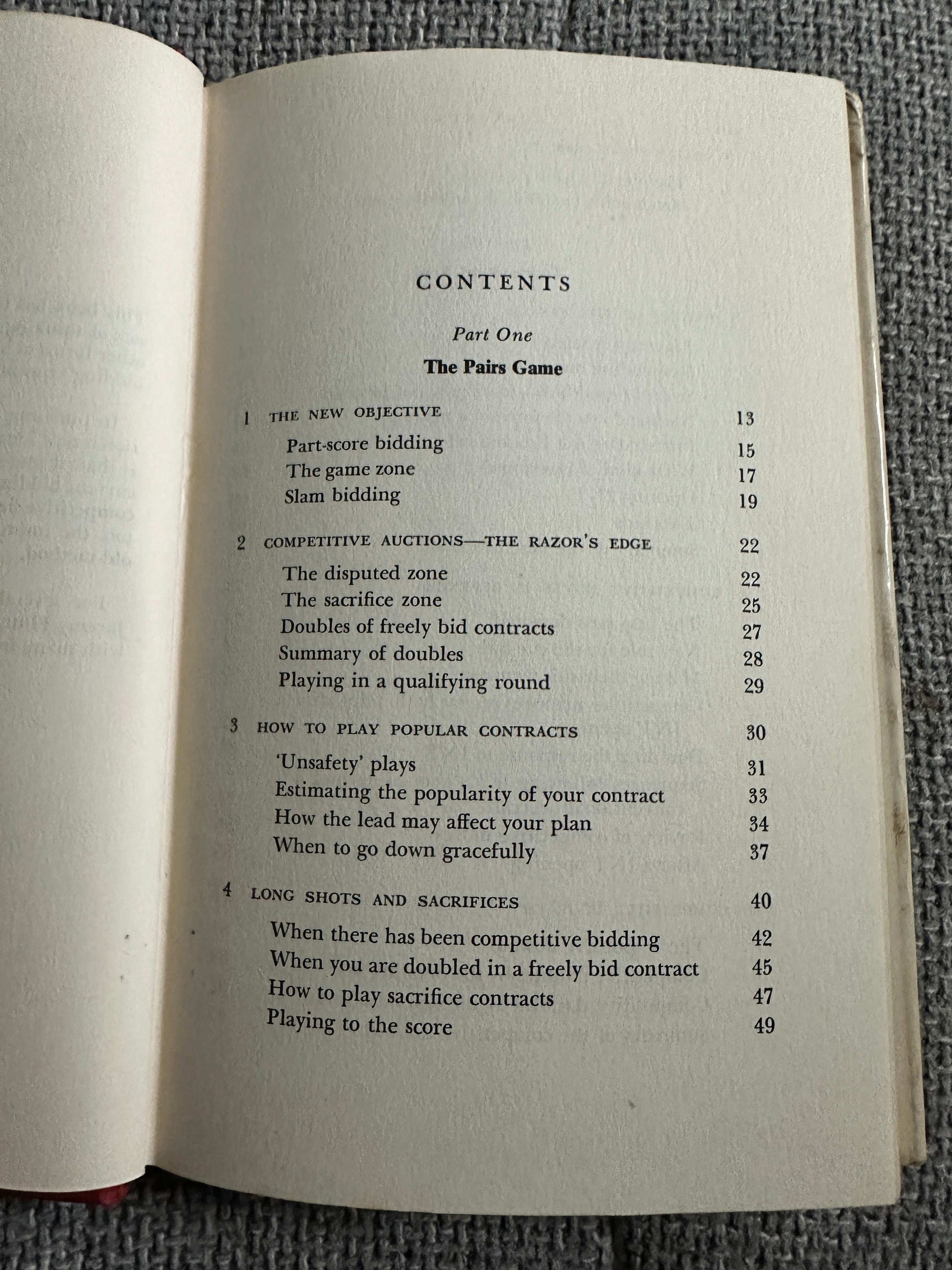 Contents page of the 1969 Bridge For Tournament Players book outlining key topics and strategies
