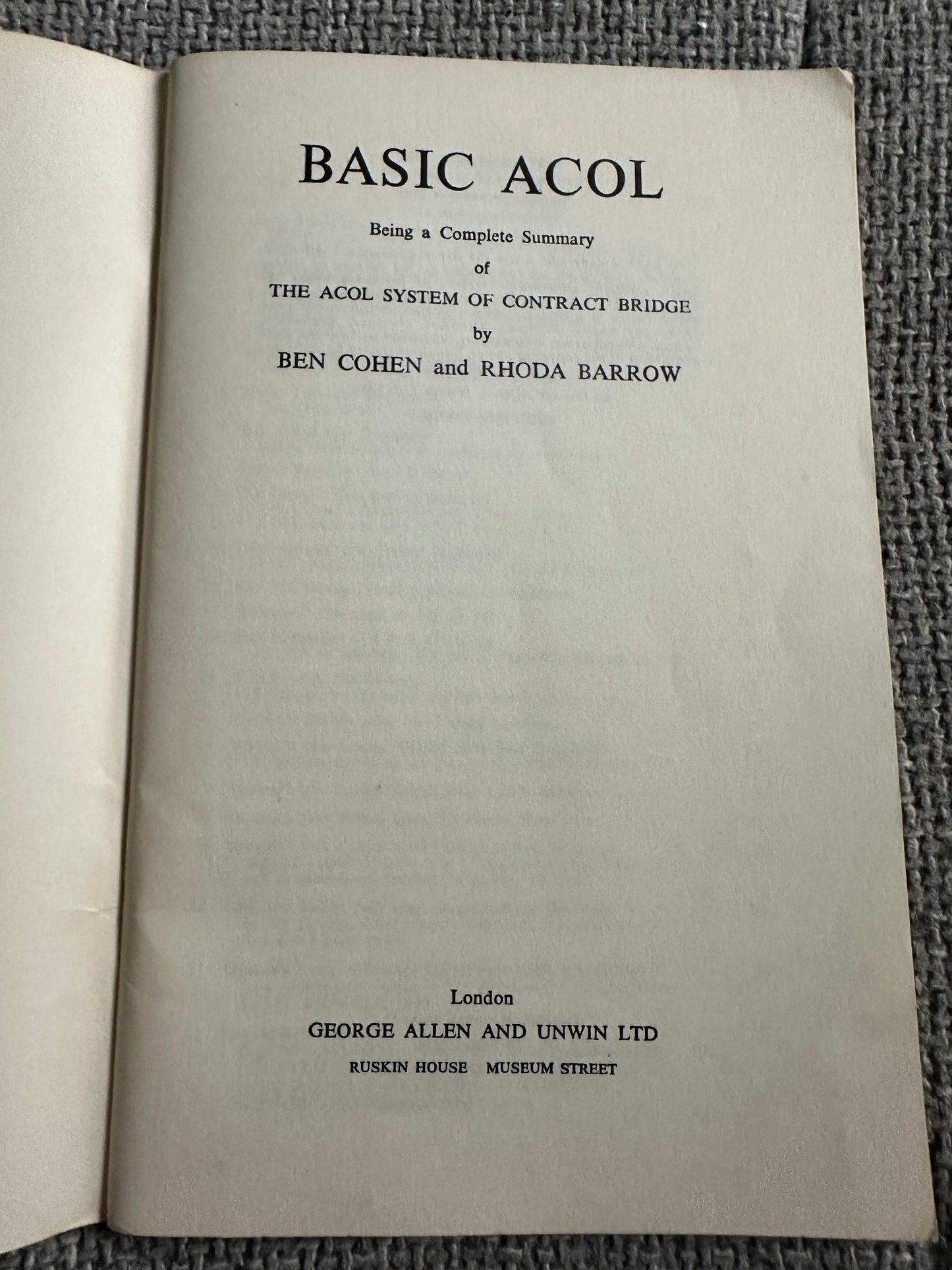 Basic ACOL book cover detailing the 1972 ACOL system guide for contract bridge enthusiasts