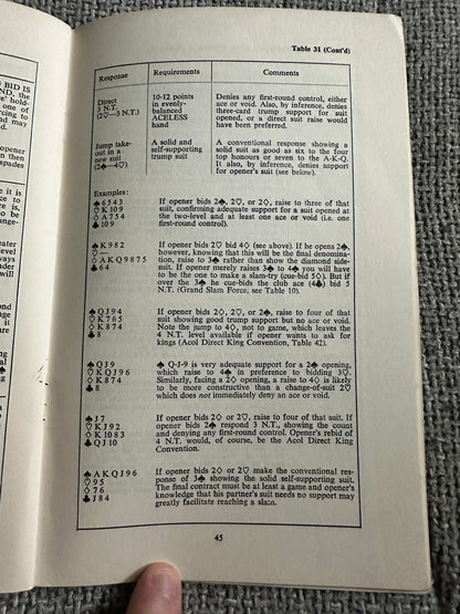Open page of a guidebook detailing the 1972 ACOL system guide with tables and examples