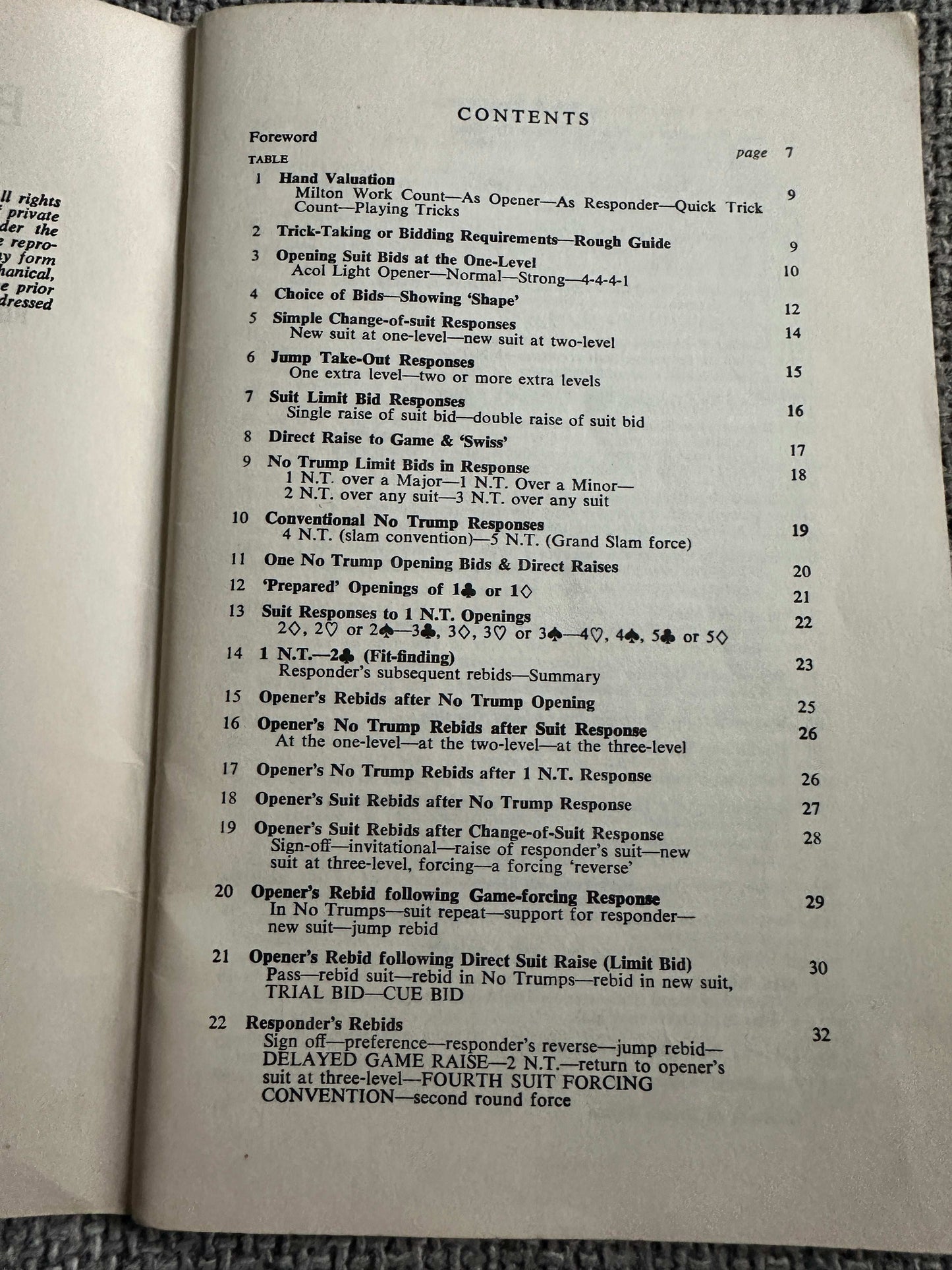 Contents page of the 1972 ACOL system guide showcasing various bidding strategies and conventions