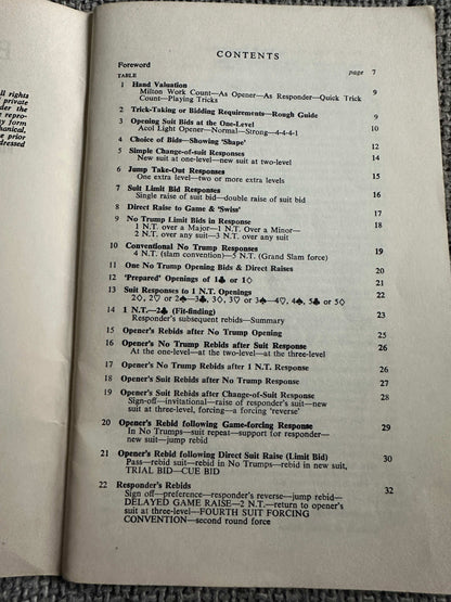 Contents page of the 1972 ACOL system guide showcasing various bidding strategies and conventions