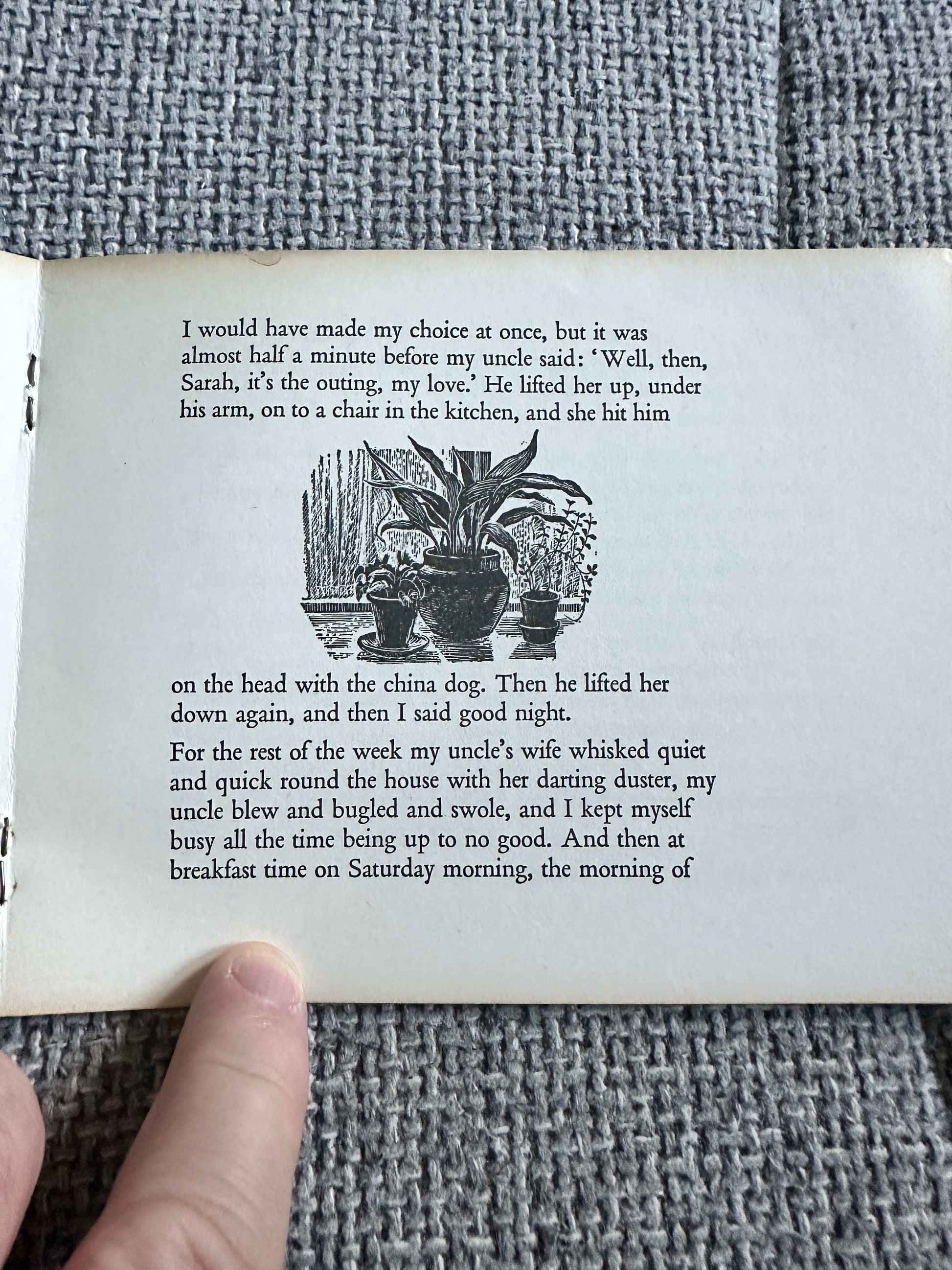 Illustrated page from 1975 The Outing Meg Stevens edition featuring decorative plants and text
