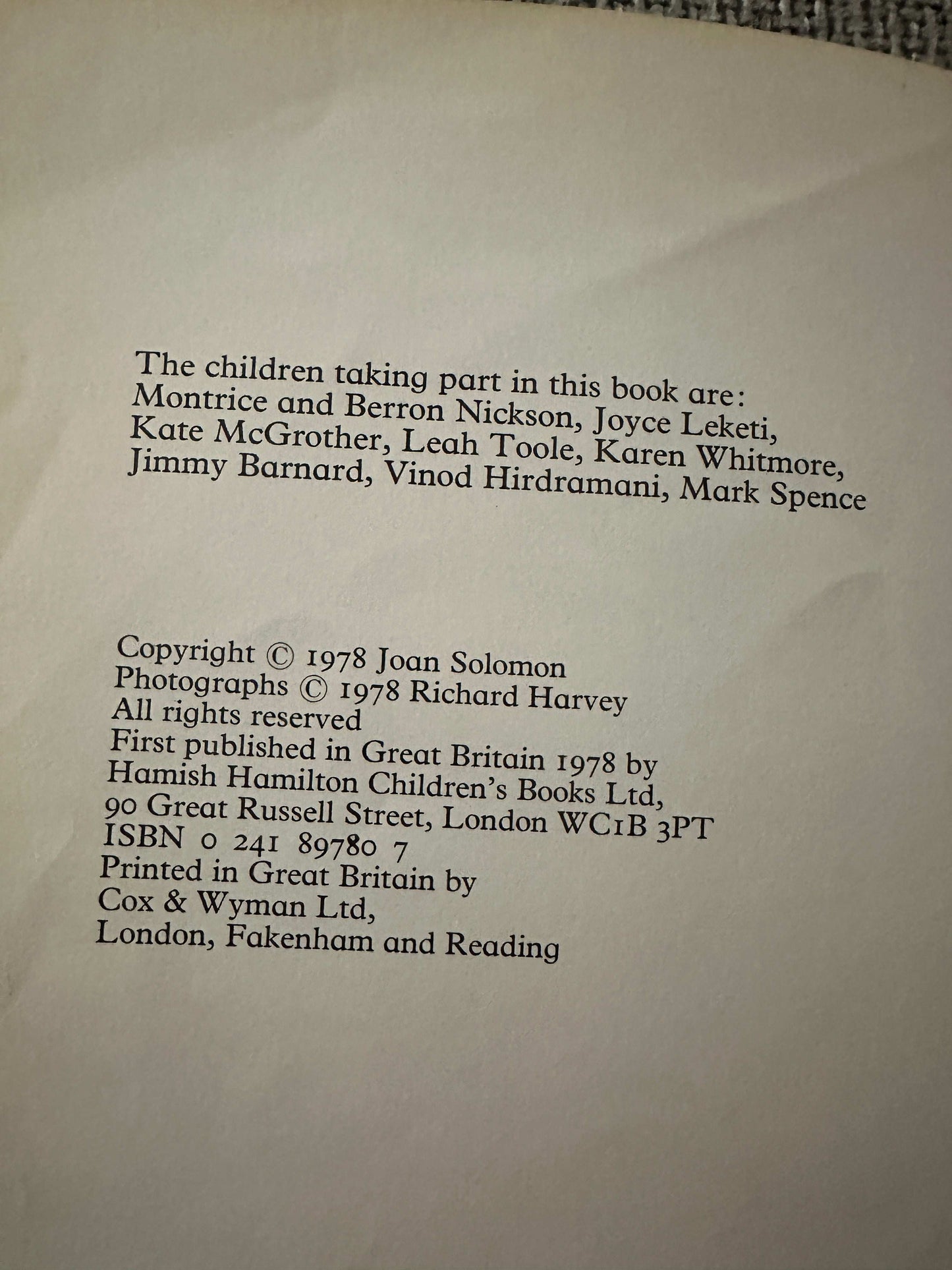 Inside page of the 1978 Hamish Hamilton collectible book featuring author and contributor details