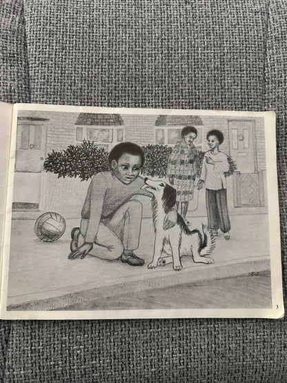 Illustration from 1979 The Lost Dog Chris Abuk first edition featuring children and a playful dog