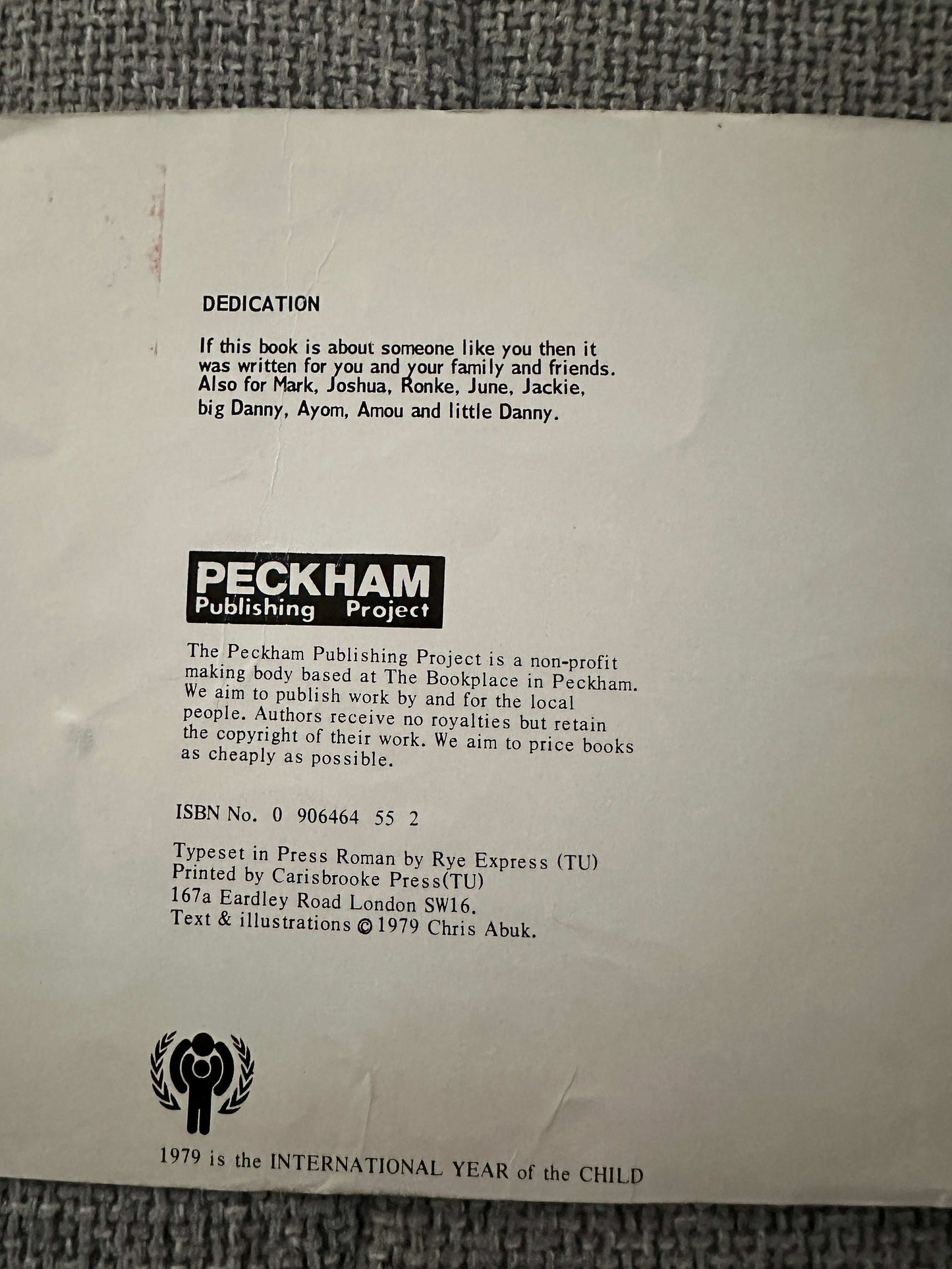 1979 The Lost Dog Chris Abuk first edition dedication page from Peckham Publishing Project