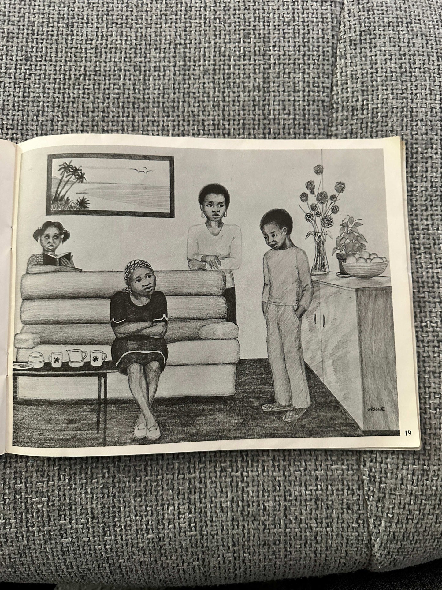 Illustration from 1979 The Lost Dog Chris Abuk first edition featuring four children in a living room setting