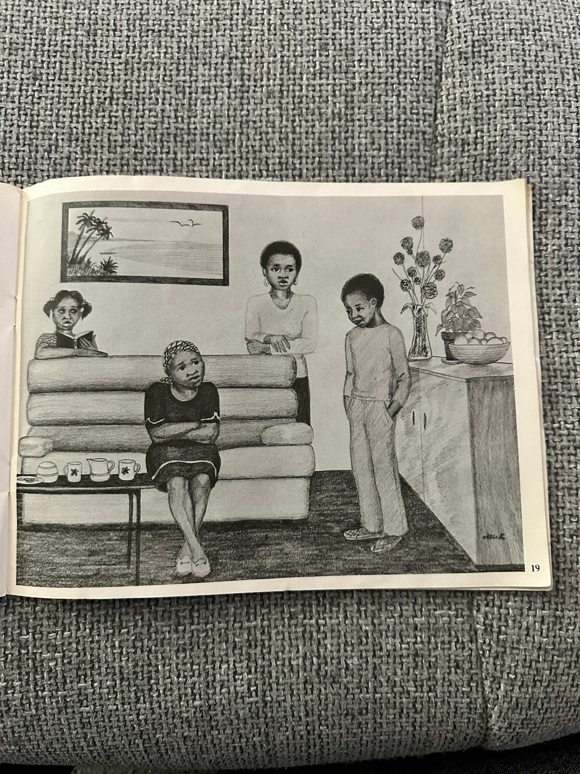 Illustration from 1979 The Lost Dog Chris Abuk first edition featuring four children in a living room setting