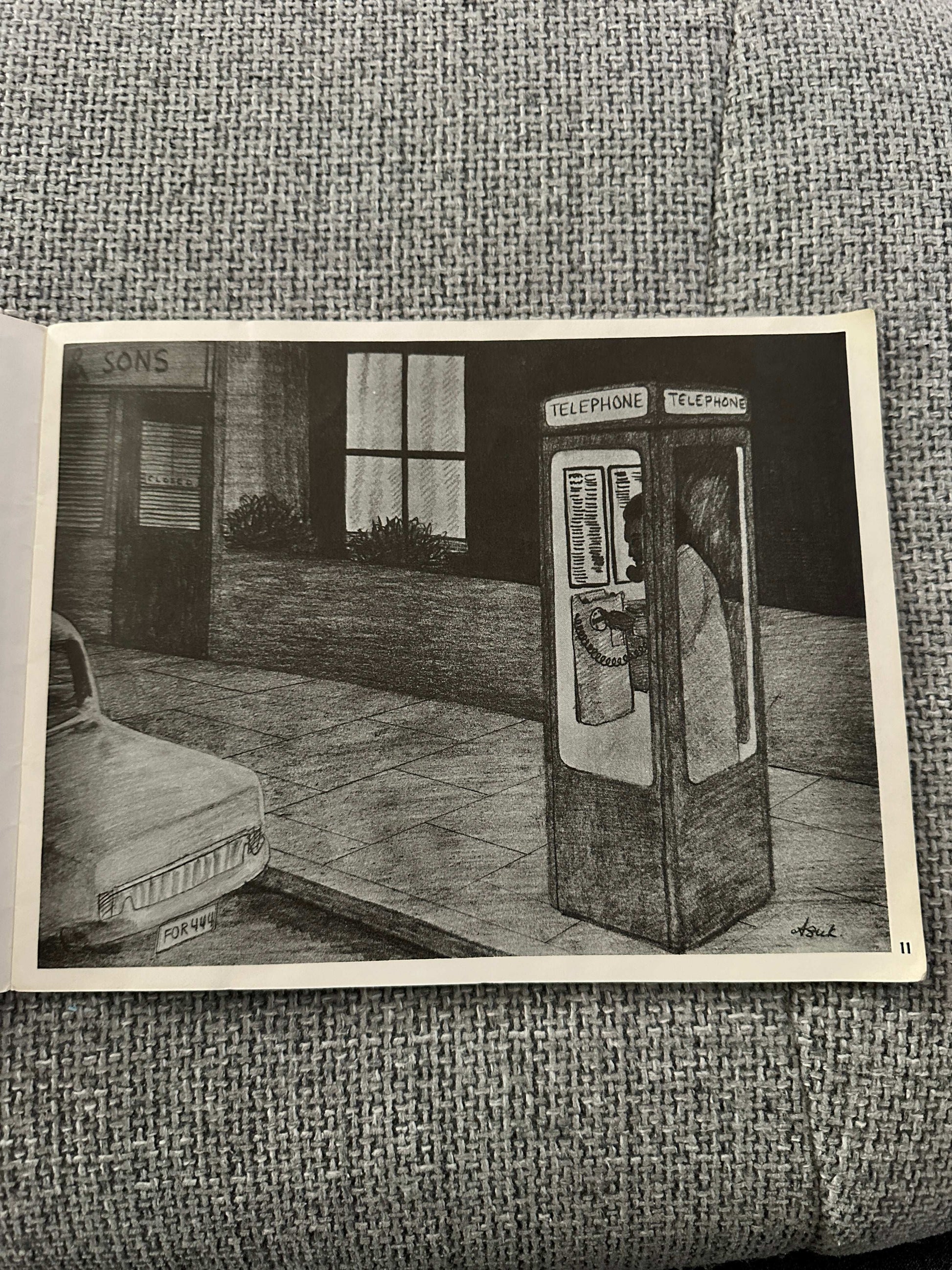 Illustration from 1979 The Lost Dog Chris Abuk first edition showing a person in a phone booth