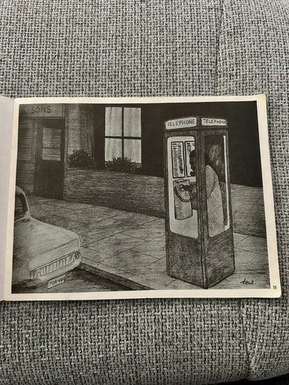Illustration from 1979 The Lost Dog Chris Abuk first edition showing a person in a phone booth