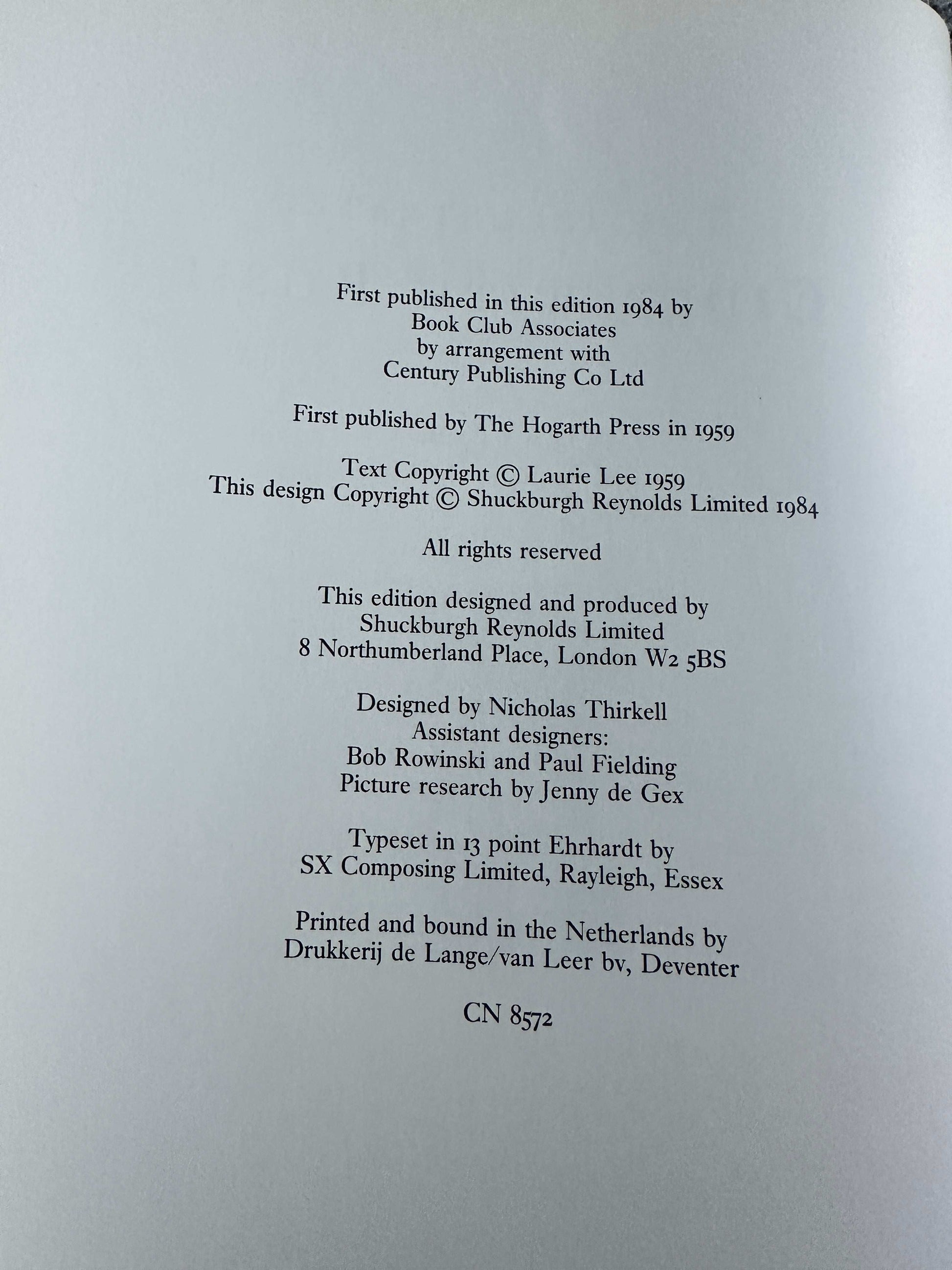 Copyright page of 1984 Cider With Rosie illustrated edition by Honeyburn Books