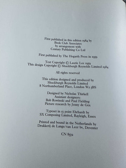 Copyright page of 1984 Cider With Rosie illustrated edition by Honeyburn Books