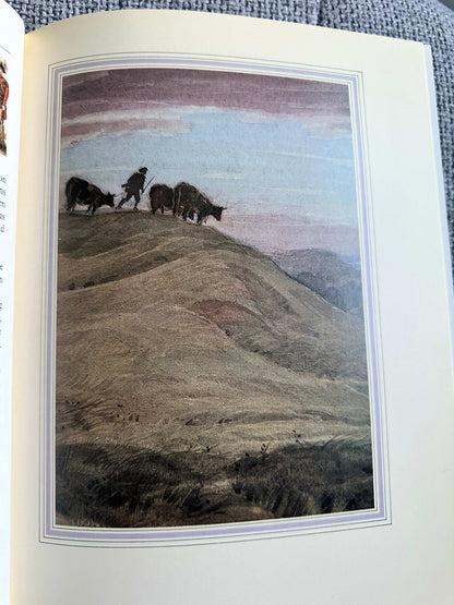 Illustration from the 1984 Cider With Rosie illustrated edition featuring a figure herding sheep on a hillside