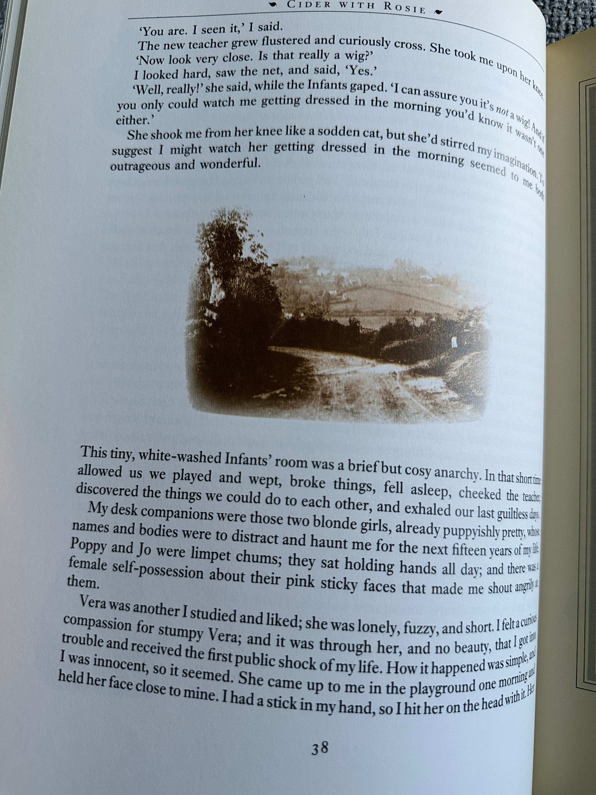 Page from 1984 Cider With Rosie illustrated edition showing text and vintage illustration of a rural scene
