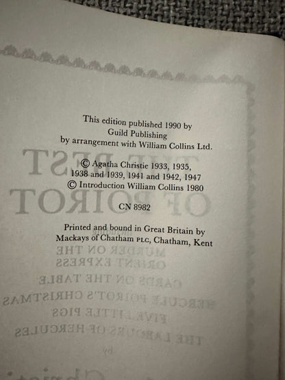 1990 Poirot omnibus Guild Publishing edition featuring Agatha Christie classics with detailed publication information