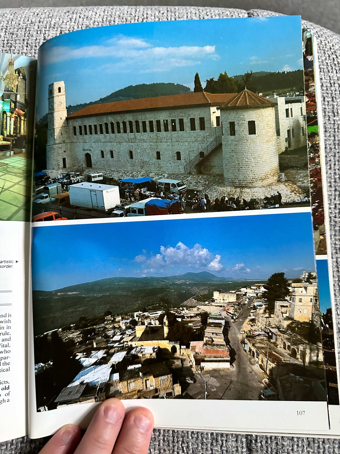Pages from a 1992 Israel travel book showcasing historical architecture and scenic views
