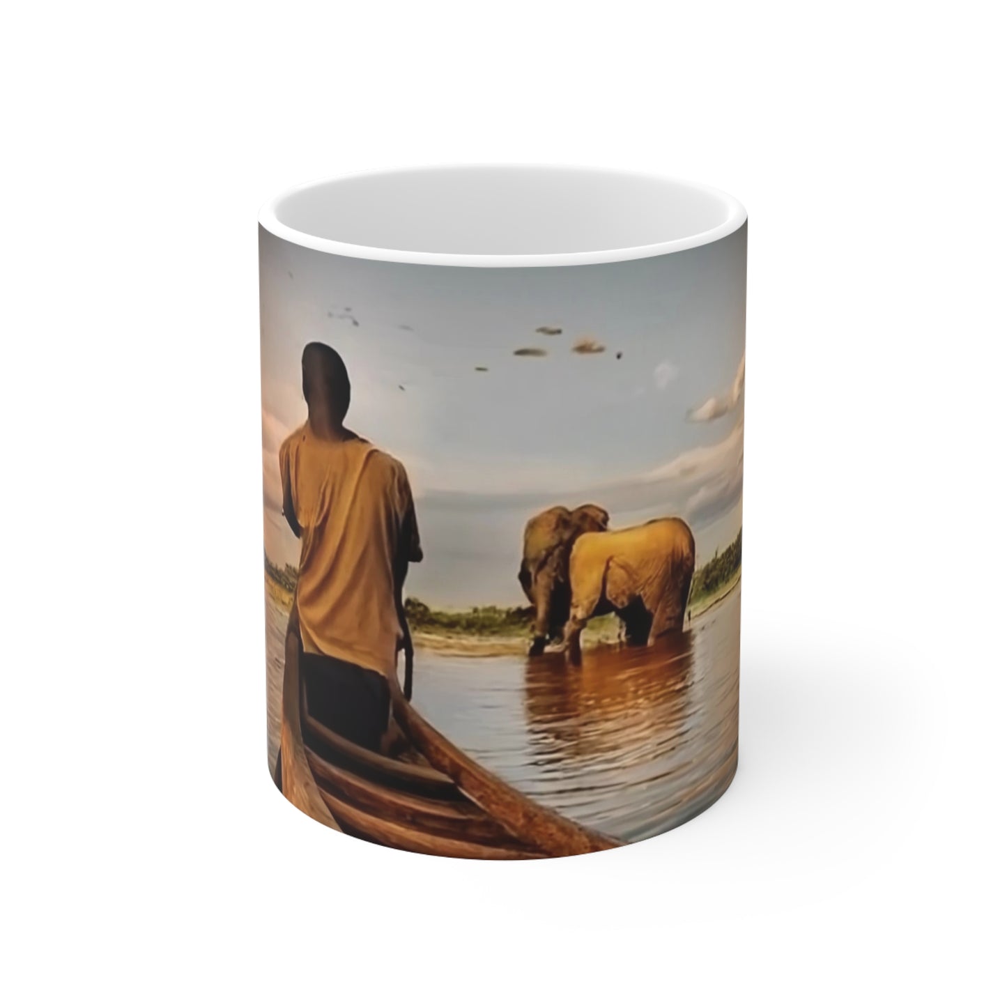 African scene boy looking at elephant Ceramic Coffee Cups, 11oz, 15oz