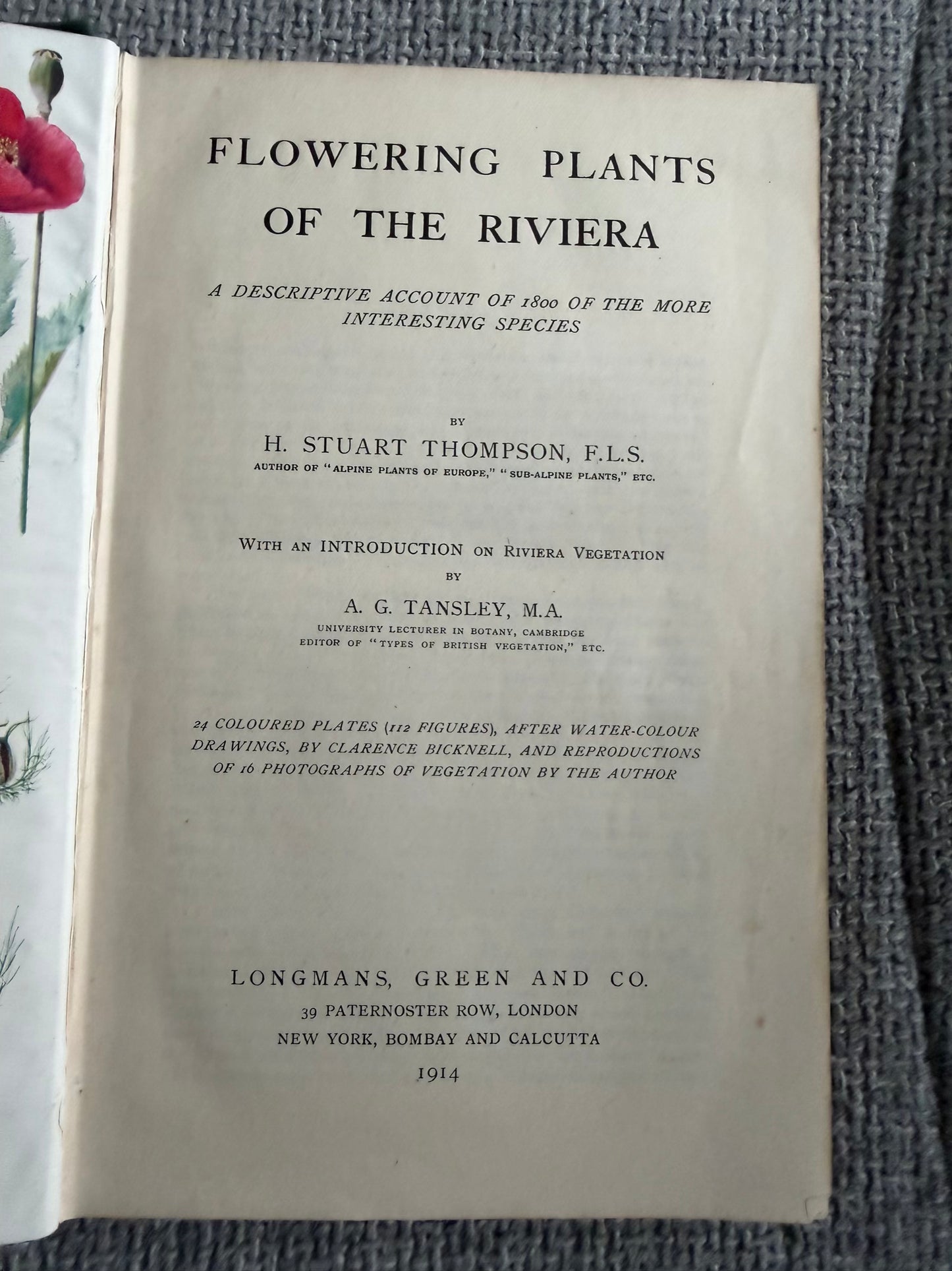 1914*1st* FLOWERING PLANTS OF THE RIVIERA. A Descriptive Account of 1800 of the More Interesting Species. By H. Stuart Thompson, F.L.S. With an Introduction on Riviera Vegetation by A. G. Tansley, (Longmans, Green &  Co. Ltd)
