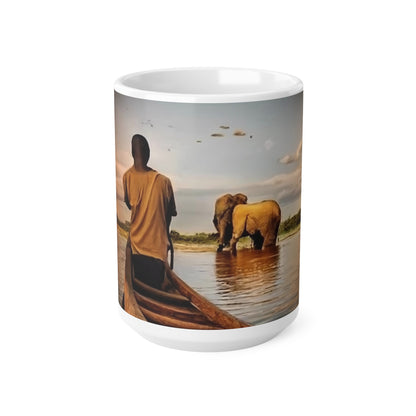 African scene boy looking at elephant Ceramic Coffee Cups, 11oz, 15oz