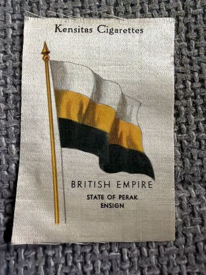 Kensitas Silk Flag — State of Perak — British Empire — Printed in USA (One not printed in USA) Vintage Cigarette Card. Please state which card you want when ordering. Both same price.