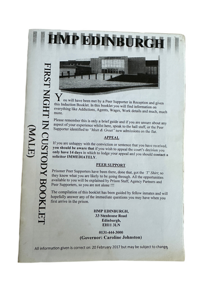 2017 H. M. P. Edinburgh Prison (First Night in Custody Booklet)very rare