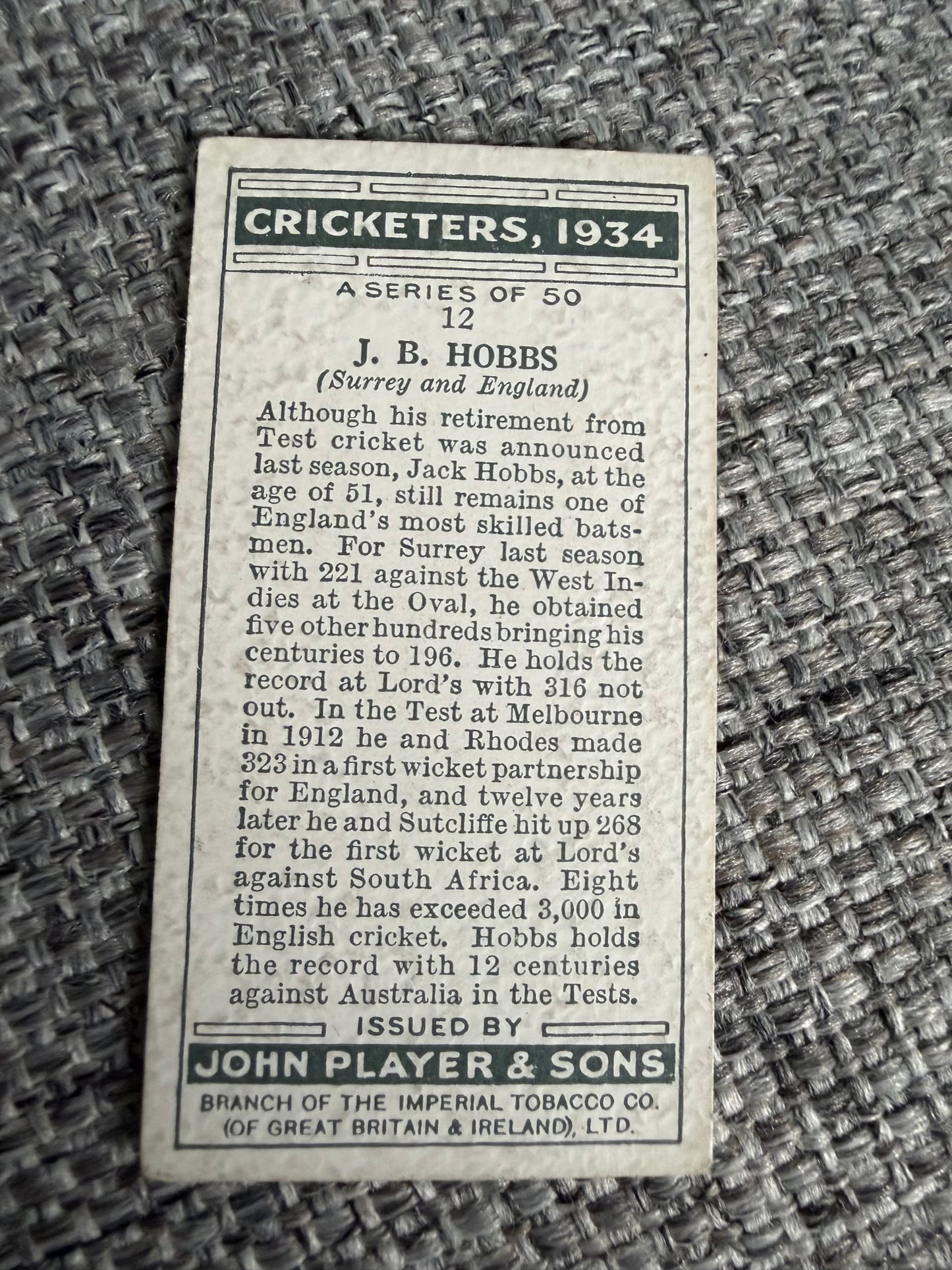 John Player & Sons — Cricketers 1934 — Complete Set of 50 Cigarette Cards — Vintage Cricket