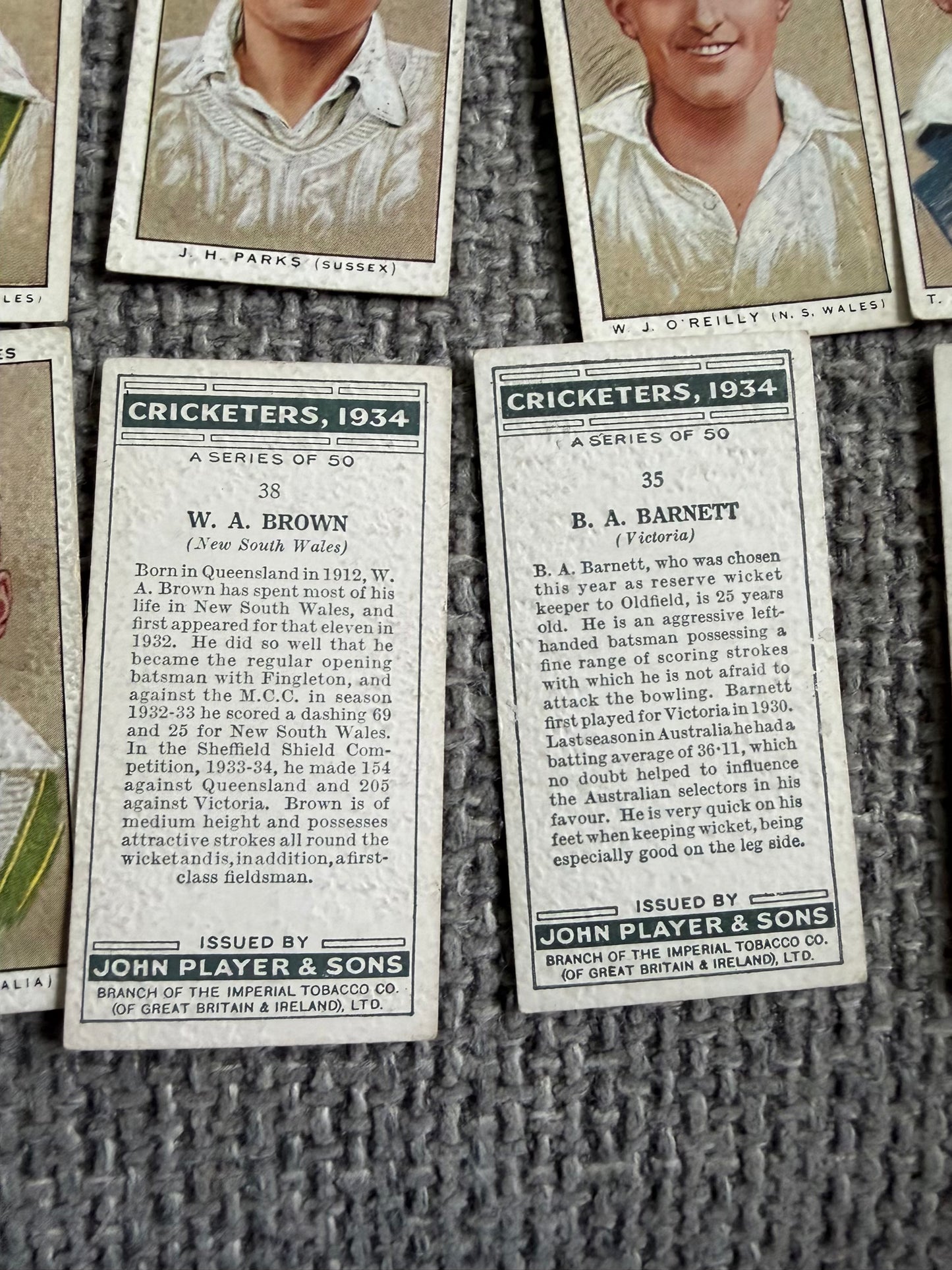 John Player & Sons — Cricketers 1934 — Complete Set of 50 Cigarette Cards — Vintage Cricket