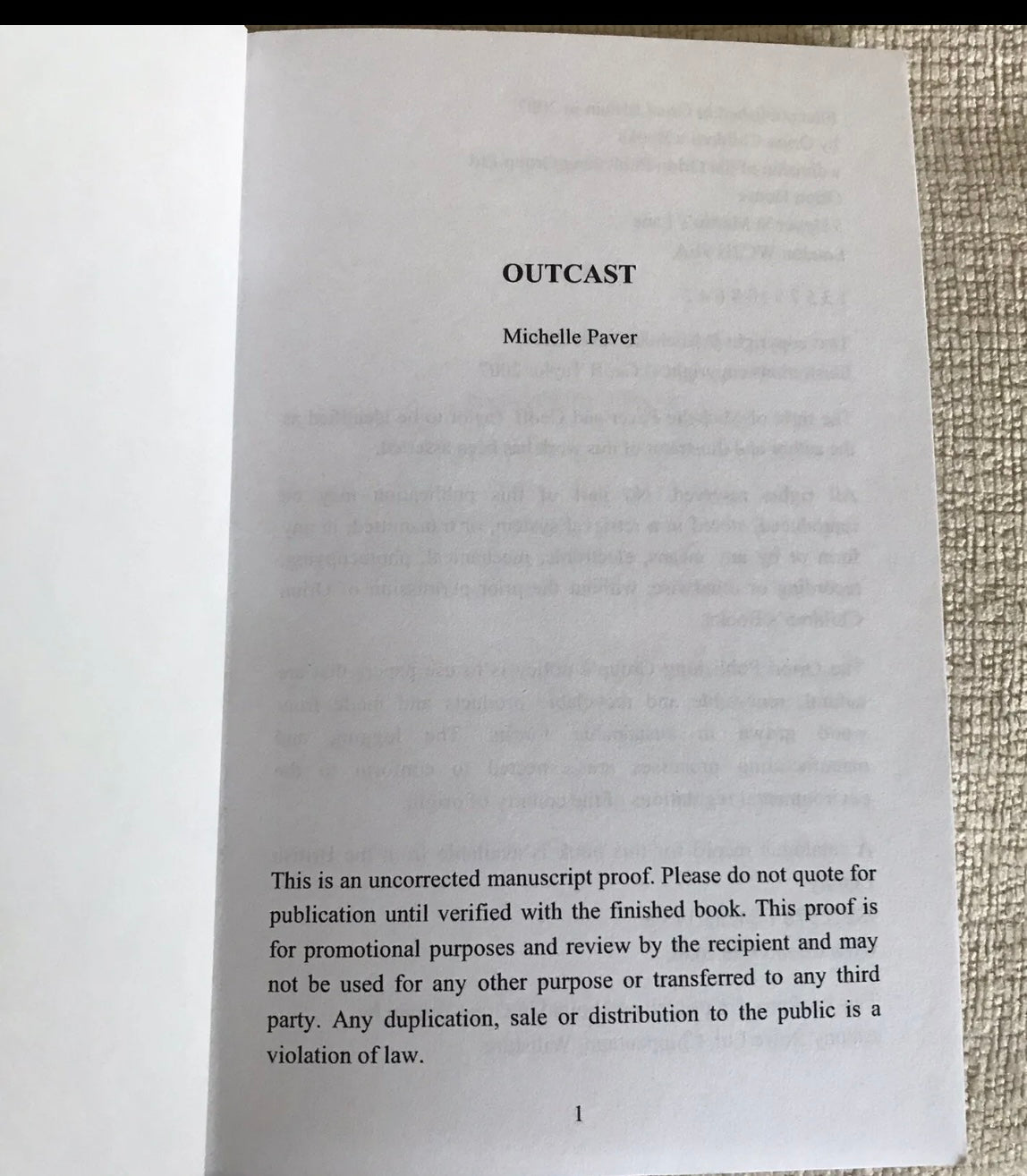 2007*1st Uncorrected Proof* Outcast - Michelle Paver (Orion Books)pb