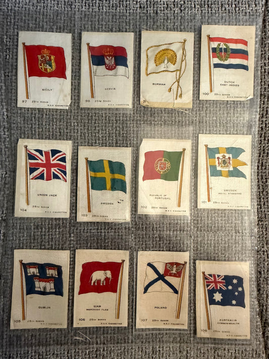 12 x Vintage B.D.V. Cigarette Silks — 25th Series — World, Royal & Colonial Flags — c.1910s